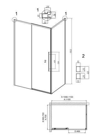 Душевой уголок Grossman Galaxy 120.K33.01.1170.32.00 110х70 стекло прозрачное профиль золото без поддона